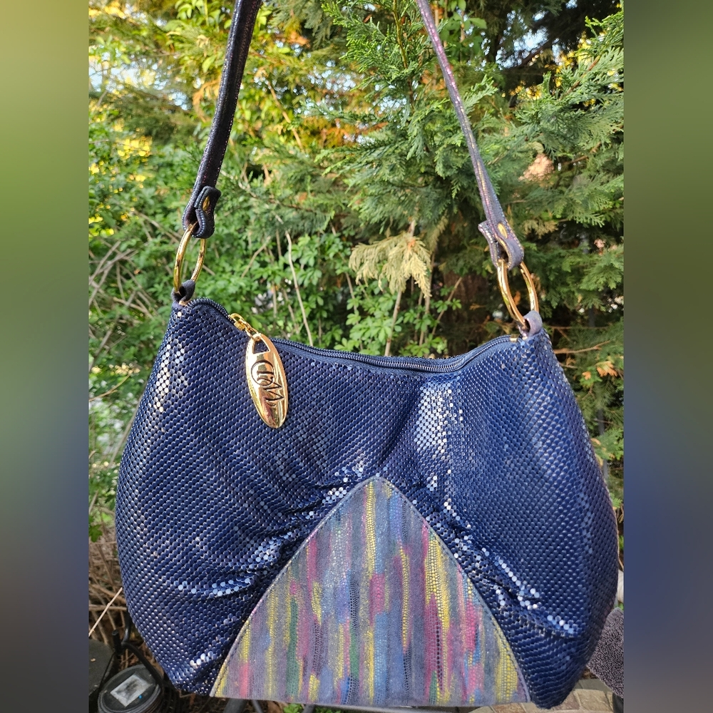 Brand New Whiting & Davis Blue Sequin And Rainbow Bag Gold Hardware
